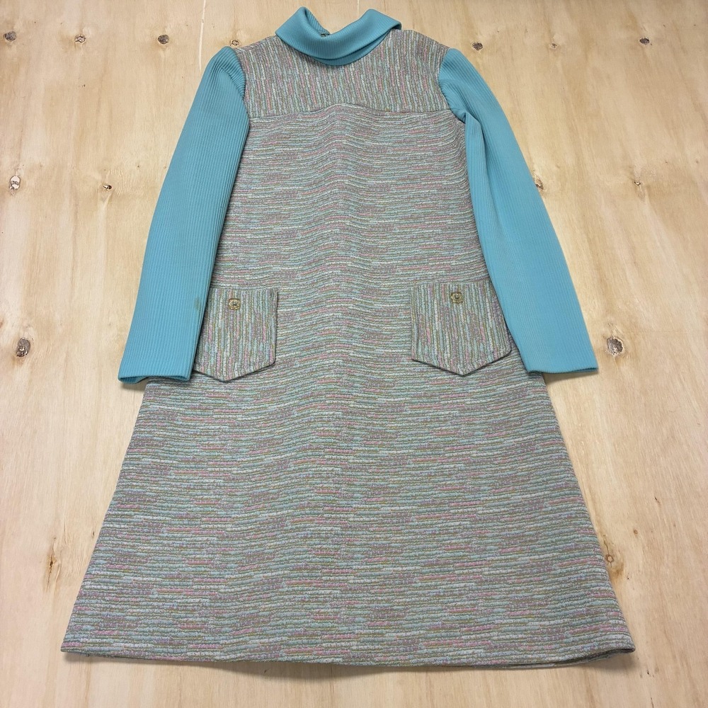 Vintage 60s Plu Dress Womens Medium Blue Striped Knit Turtleneck Shift Pockets